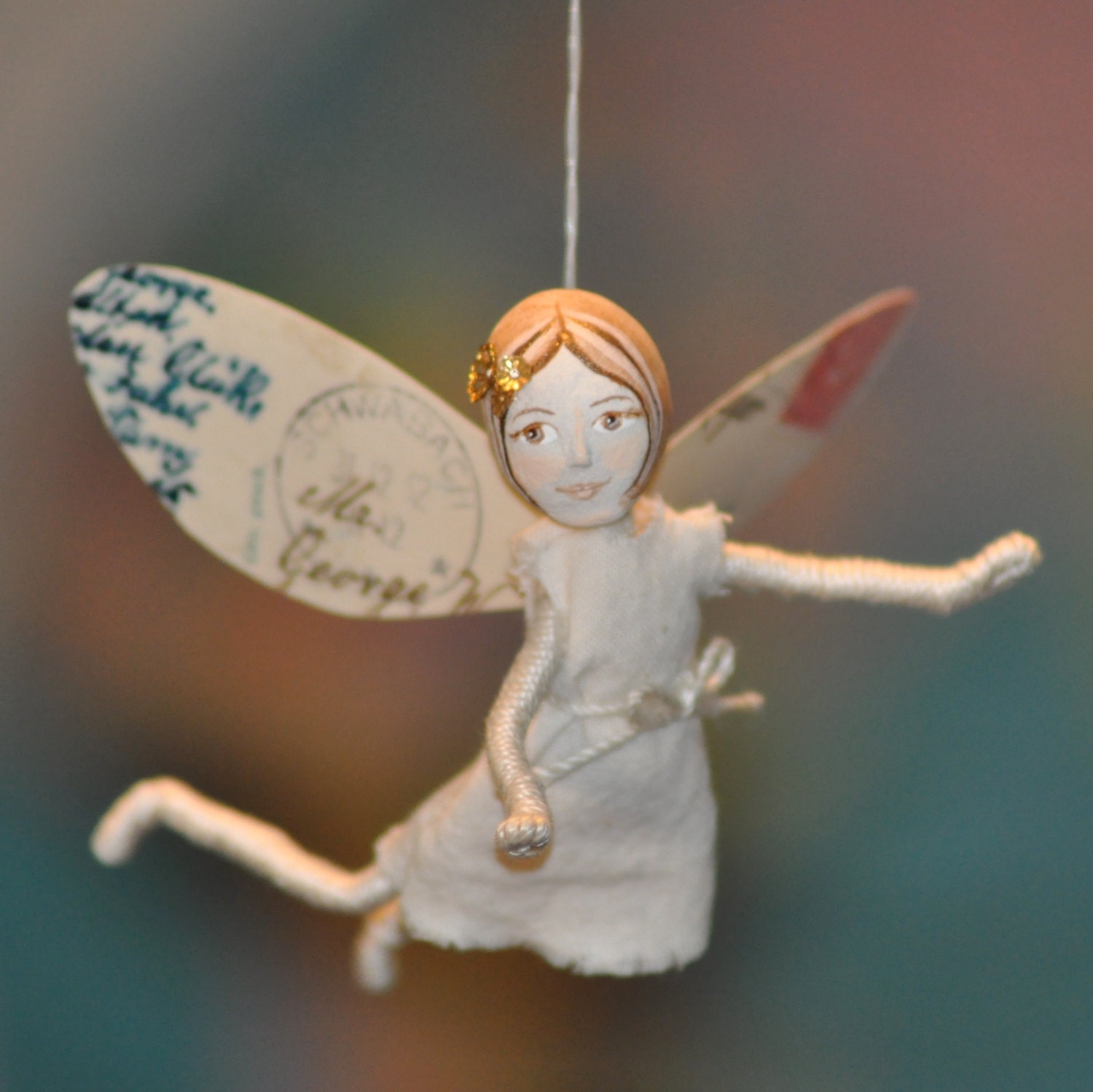 Vintage style fairy art doll - pose-able with old postcard wings - one of a kind clay, cloth and wire figure