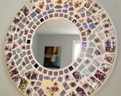 Large Round Mosaic Mirror - PURPLE Pansies and Violets - Vintage China/Stained Glass/Hearts