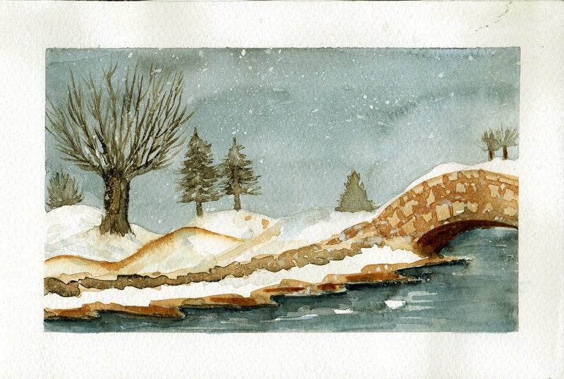 Original watercolor Winter and Snow art painting Hand painted art card