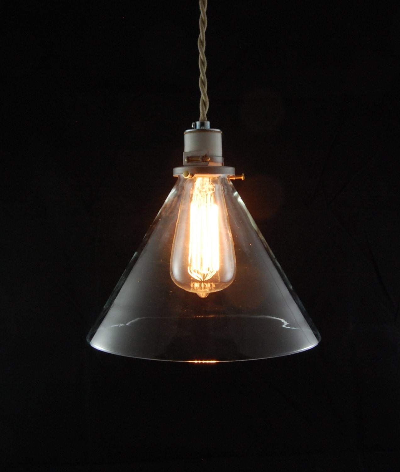 Deep cone pendant light, hanging light, glass shade.