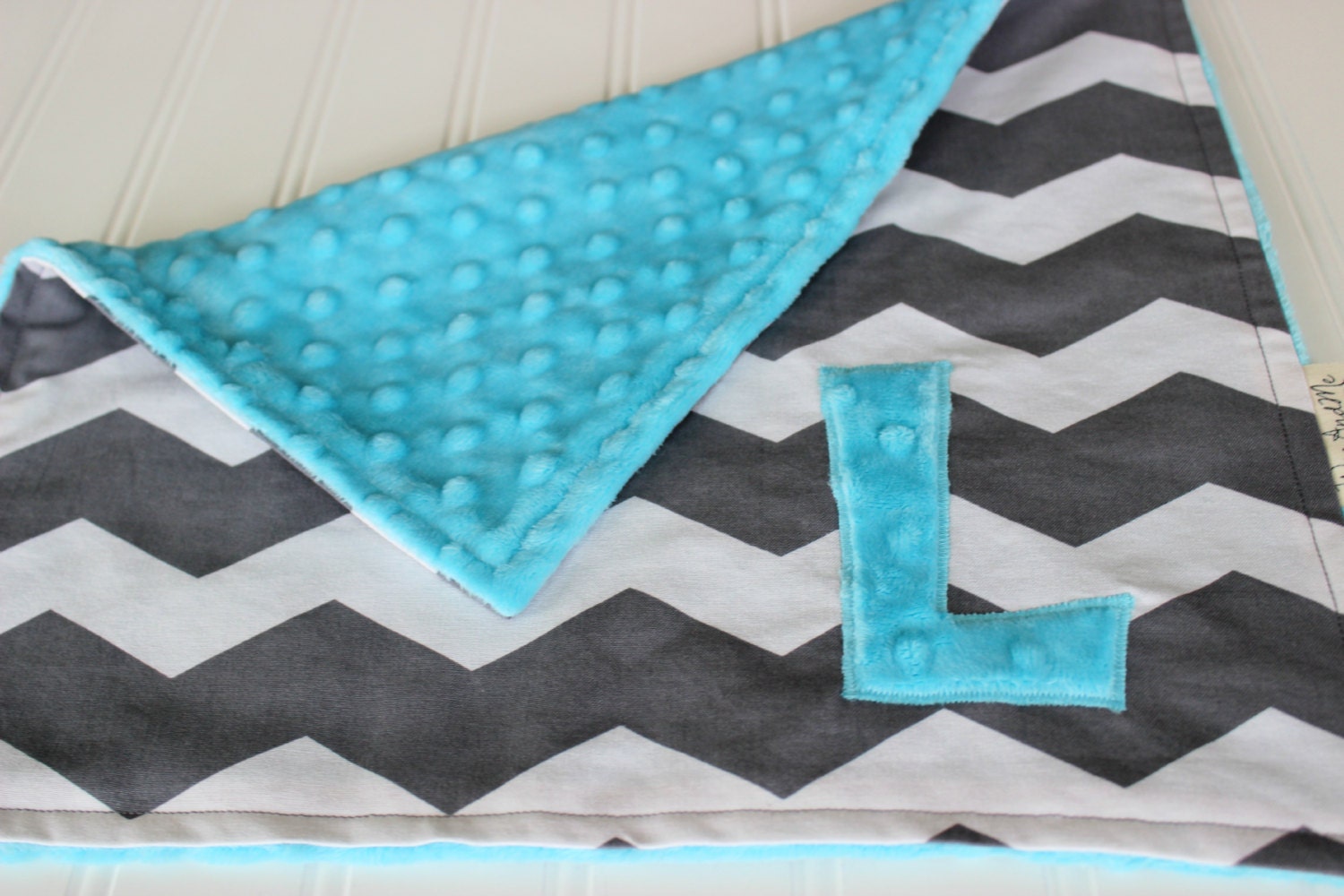 Custom Initial Chevron Lovey Baby Blanket - Blue Minky Security Blanket - by Wee and Me