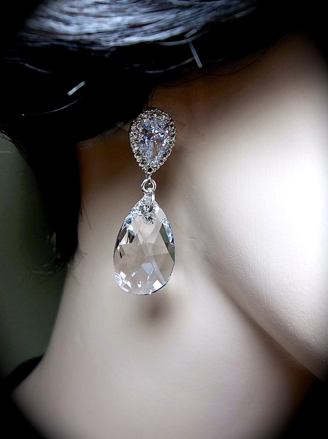 Crystal earrings - large - 22mm  - Sterling Silver - Cubic Zirconia posts - Swarovski - Bridal jewelry - Bridesmaids - Formal- gift -
