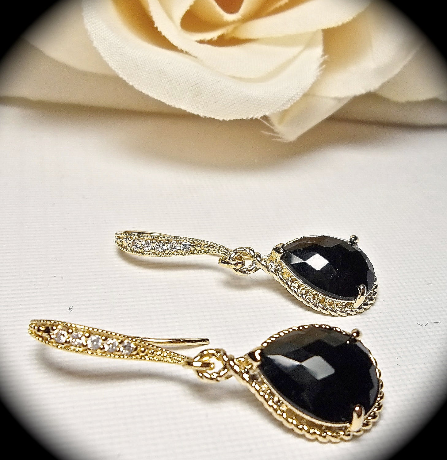 Black and gold earrings - Bridal jewelry - 14k Gold over Sterling Cubic Zirconia ear wires - Formal earrings - Bridesmaids