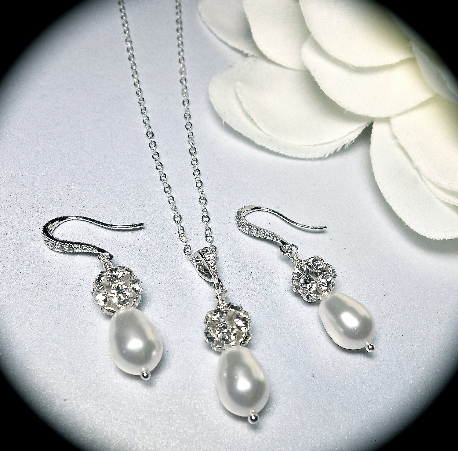 Bridal jewelry - Pearl necklace and Earrings set - Sterling Silver - Crystal rhinestones -  fireballs  -  Bridesmaids - Formal Jewelry