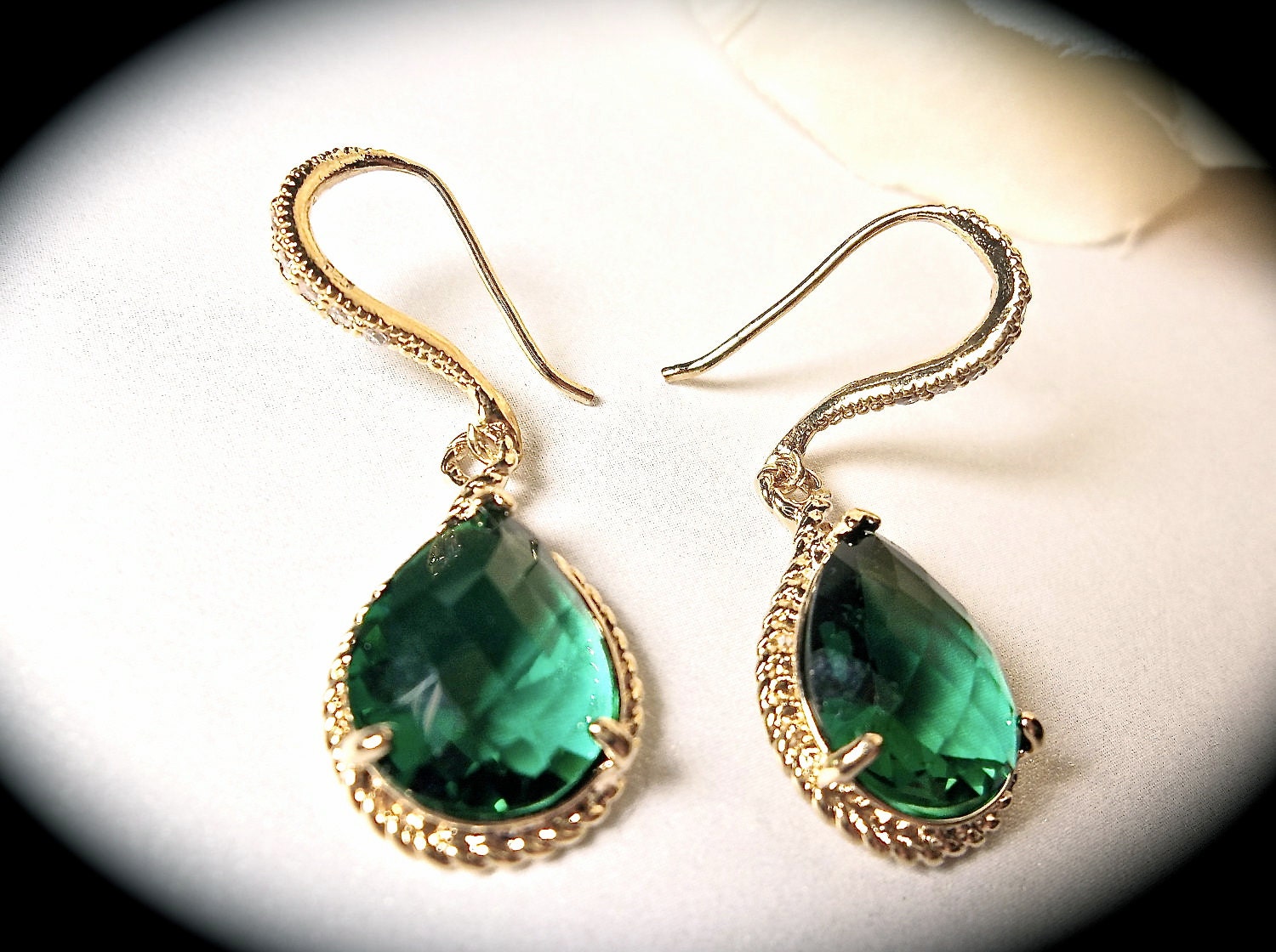 Emerald earrings - Czech glass -14k Gold over Sterling Cubic Zirconia encrusted earwires - Beautiful high Quality jewelry -
