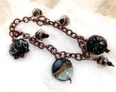 Copper Charm Bracelet with Black Glass Lampwork Beads Sea Life Theme