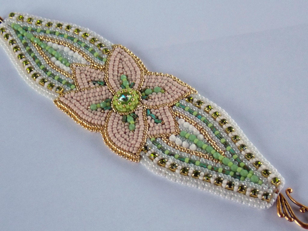Bead Embroidery Bracelet   OOAK  Spring colors   Seed bead bracelet Floral Seashell color Gold  White Green Rhinestone