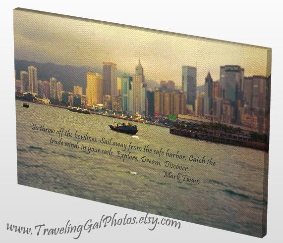 Cavas Gallery Wrap 16x24 inspirational art print quotes travel photography Hong Kong harbor blue grey water boats junk home decor gift
