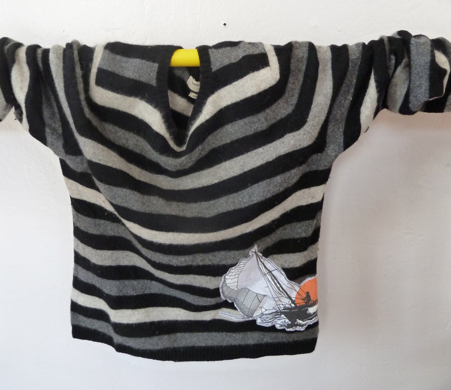 Sailing in Cashmere Striped, Appliqued Sweater (ladies small, ooak)