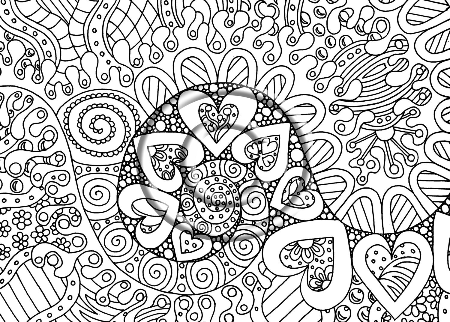 Instant Download Coloring Page Hand Drawn Zentangle Inspired Psychedelic "Waves of Love" Hippie Abstract Zendoodle Doodle By Kat