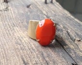 Anaranjado Ring - Gold Brass & Large Orange Glass Stone, Vintage Stone with brushed Adjustable Ring Band