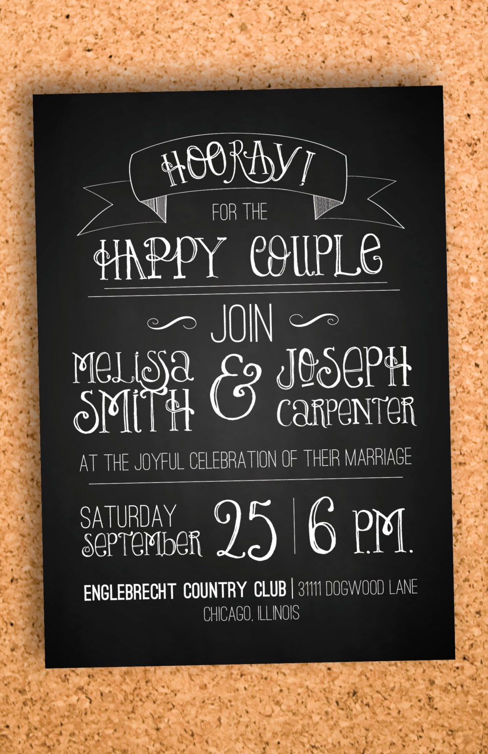 rustic chalkboard WEDDING invitation custom printable-- digital file 5x7