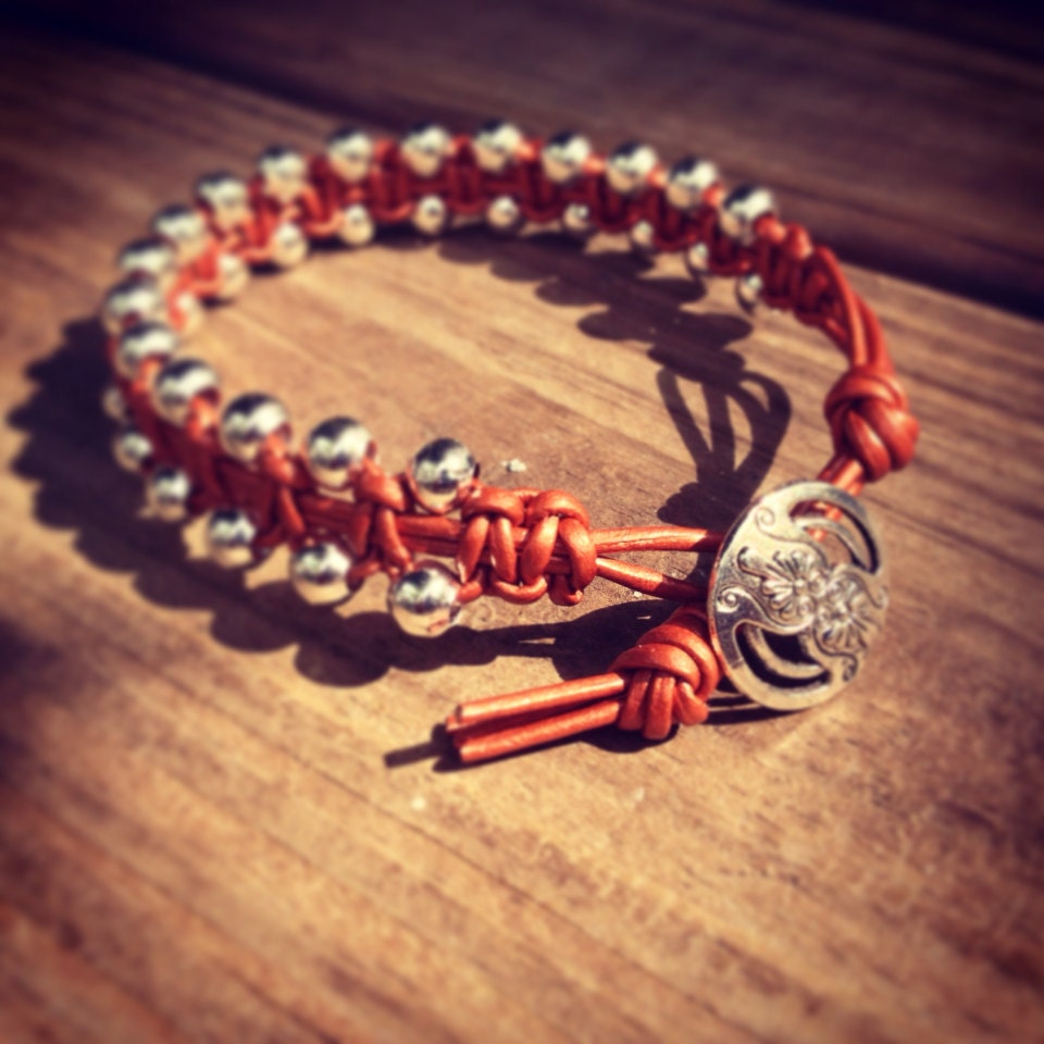 Metallic Copper Leather Beaded Bracelet
