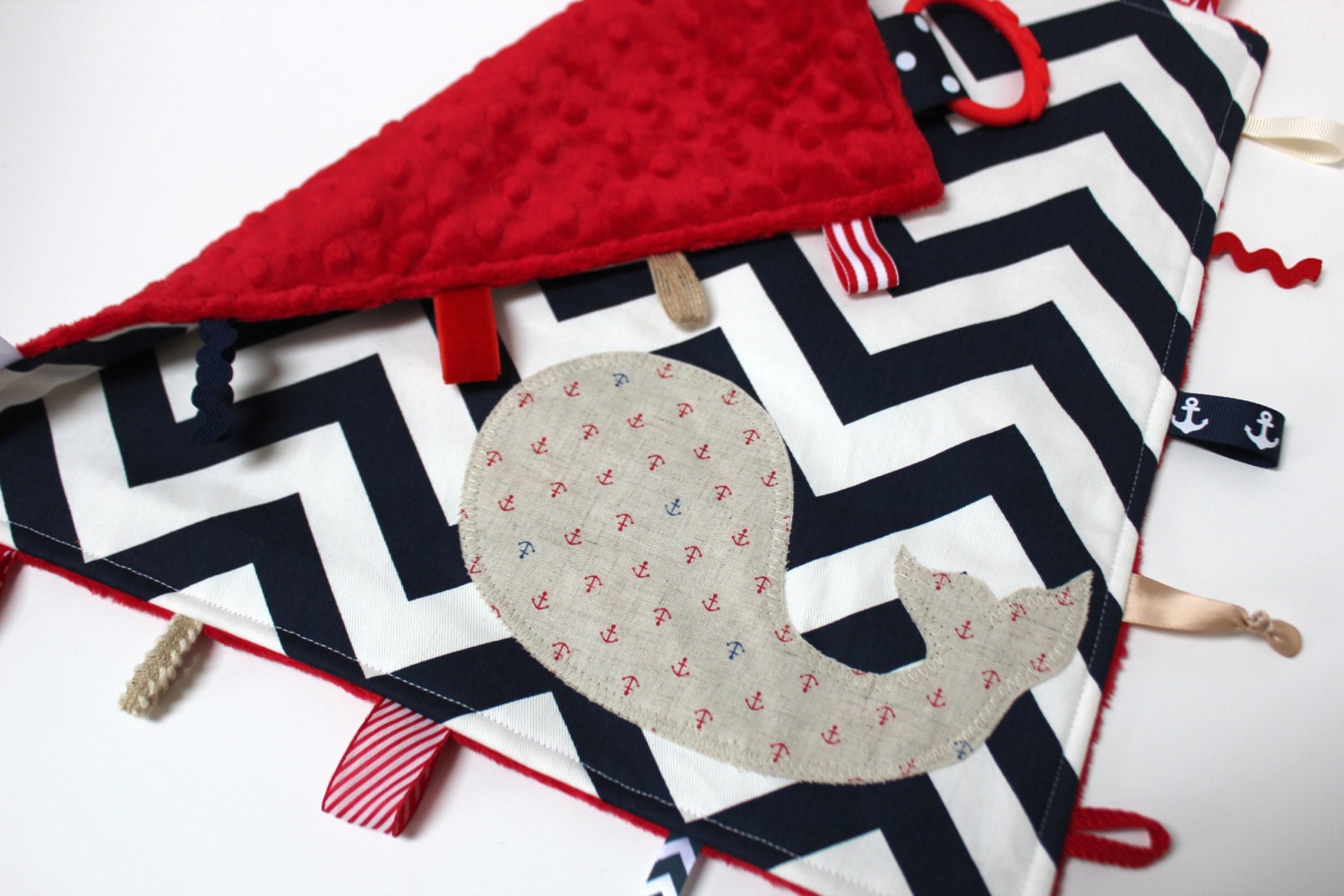 Chevron WHALE baby blanket lovey - nautical anchor baby shower gift - red blue - sensory tag toy minky