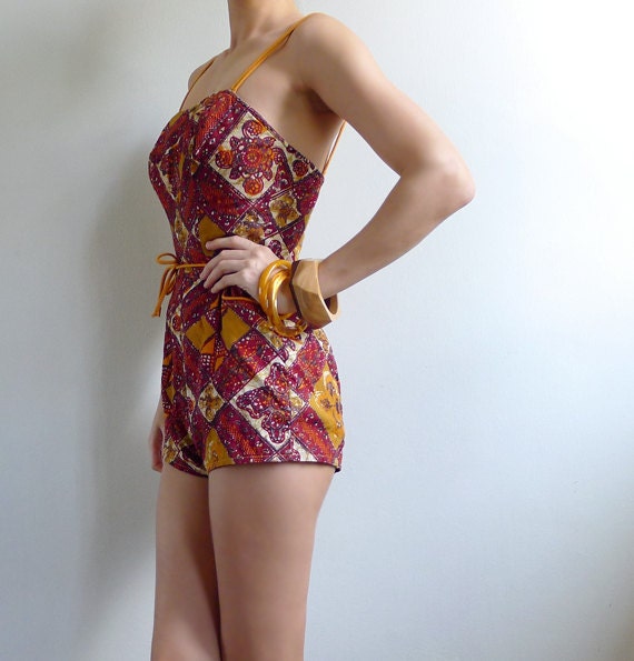 AWAY SALE (See Shop) Vintage 60's Tiki Tiki Batik Ethnic Print Catalina Swimsuit XS
