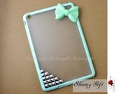 Mint Green Ipad Mini Case, Ipad Mini Cover, Ipad Case, Ipad cover, Soft Bumper Frame Hard clear frosted Back with Studs and Bow