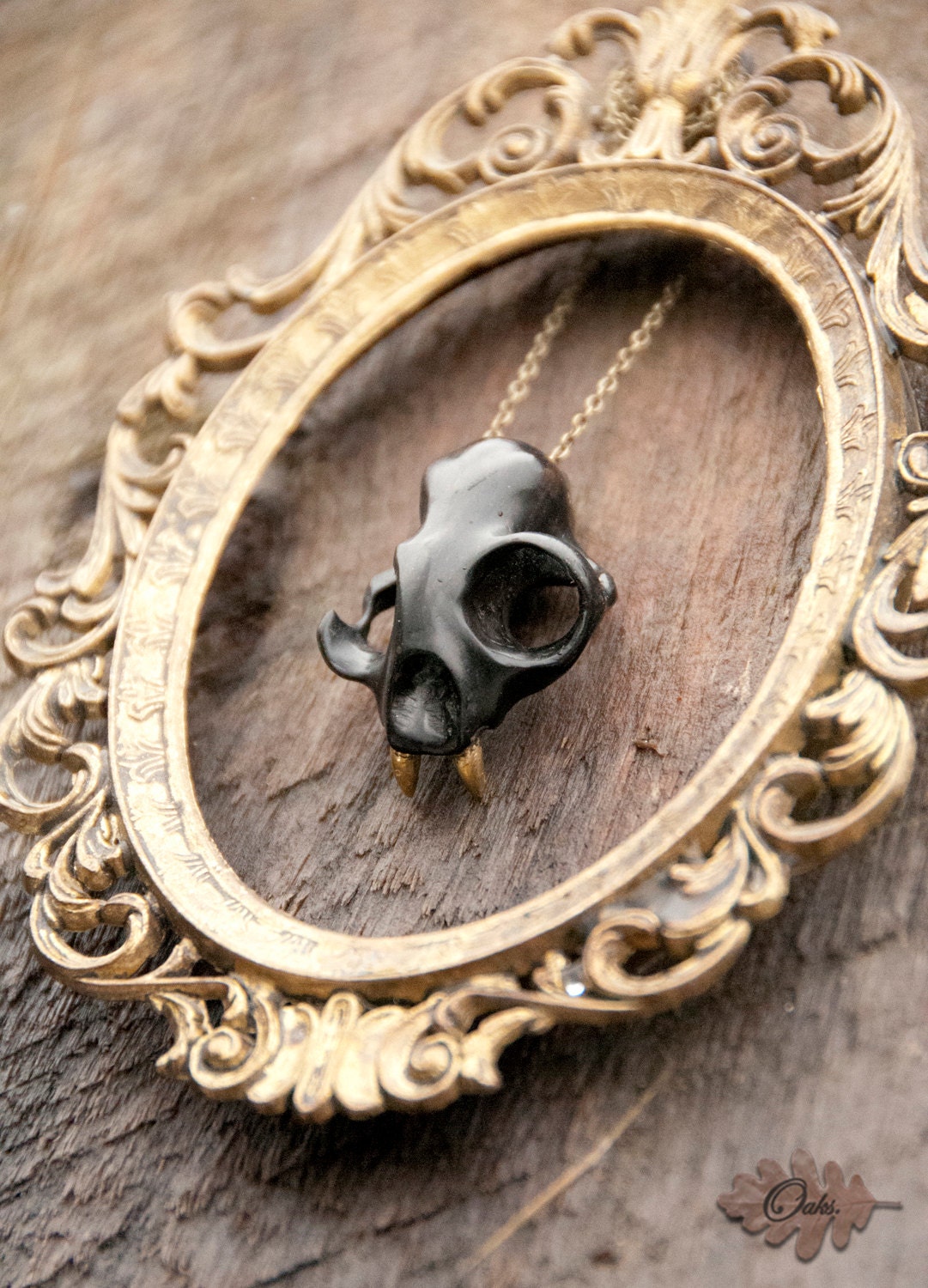 Cat Skull with Brass teeth - Ebony