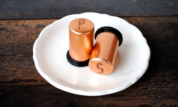 Vintage Copper Aluminum Salt Pepper Shakers, Black Bakelite Mid Century Kitchen Tableware