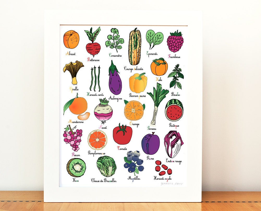 Nursery ABC in French 8x10 art print alphabet fruit vegetable children's room French Food plant garden botanical typographic - GeraldineAdams