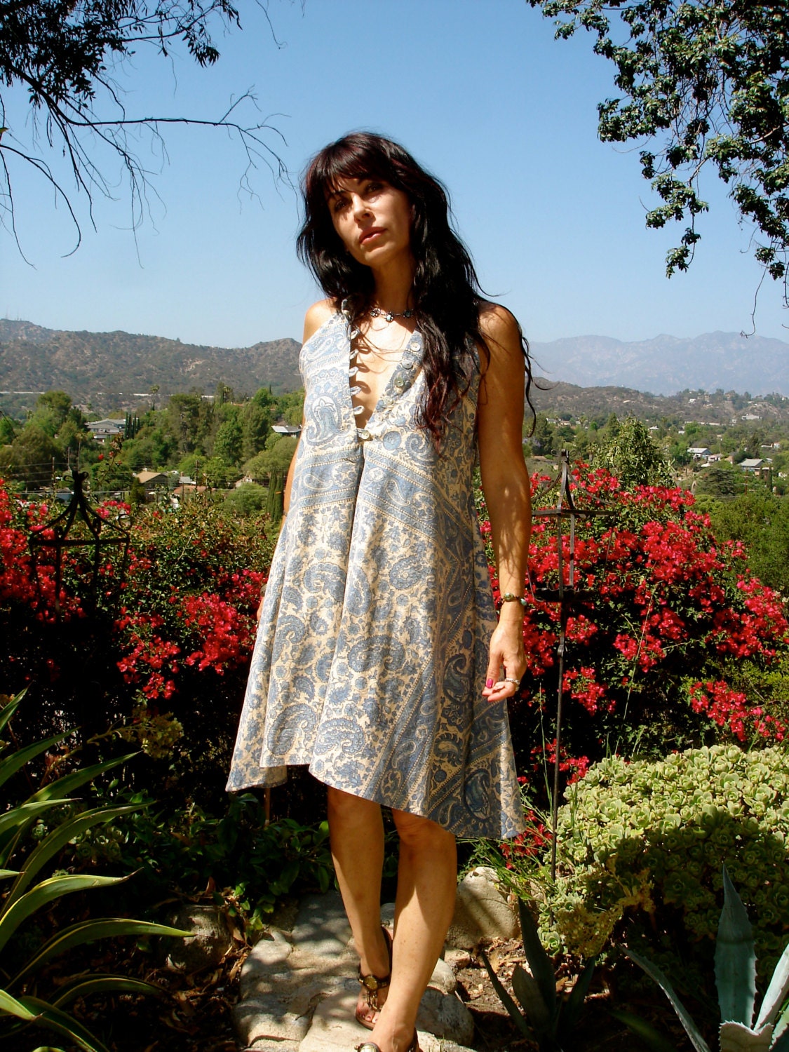 Bohemian Sky Blue Cotton Sleeveless One of a Kind Vintage Indian Mini Dress