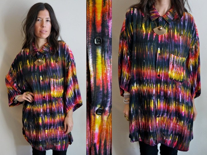 Vintage 90s Rainbow Tie Dye Unisex Button Up Blouse