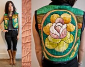 Vintage 80s Painted Floral Quilted Crop Vest
