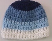 Hand Crocheted -Baby Boy-Blue Striped Hat-Available In Sizes: Newborn-0/3mo-3/6mo-6/12mo - Photo Prop