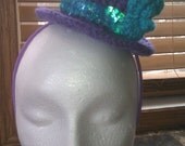 Crochet Lavender & Teal Mini Top Hat Headband-Flower With Rhinestone Center- Teal/Purple Feathers-Photo Prop-Halloween Costume Accessory