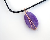Purple agate necklace, copper wire wrapped necklace, black suede necklace