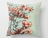 SALE Pink Magnolia on Blue Throw Pillow Cover - FREE US Shipping - Sumi-e Inspired