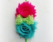 Hot Pink, Turquoise,  Green Headband  shabby rosettes lace bow skinny elastic hair accessory for baby, infant, toddler, adult, photo prop