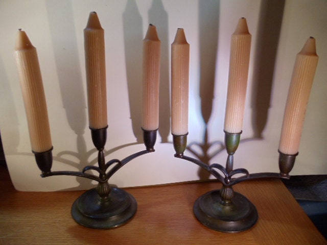 Art Deco 3 Candle Bronze Candelabra Set