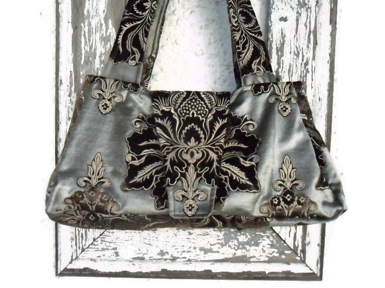 Victorian Bohemian Bag Purse Pewter and Brown Velvet Chenille