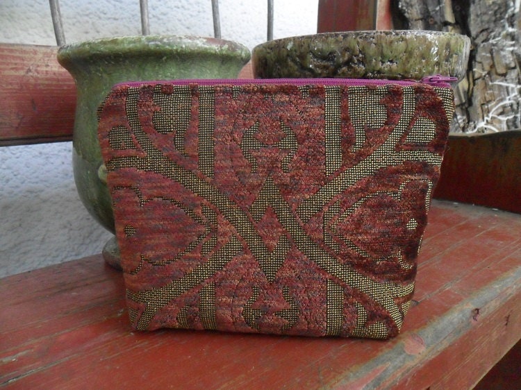 Makeup Bag Pouch Burgundy Cut Chenille Zippered
