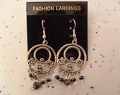 Silver Dangle Earrings / Flowers / Dark purple hearts / Dark purple faceted AB crystals