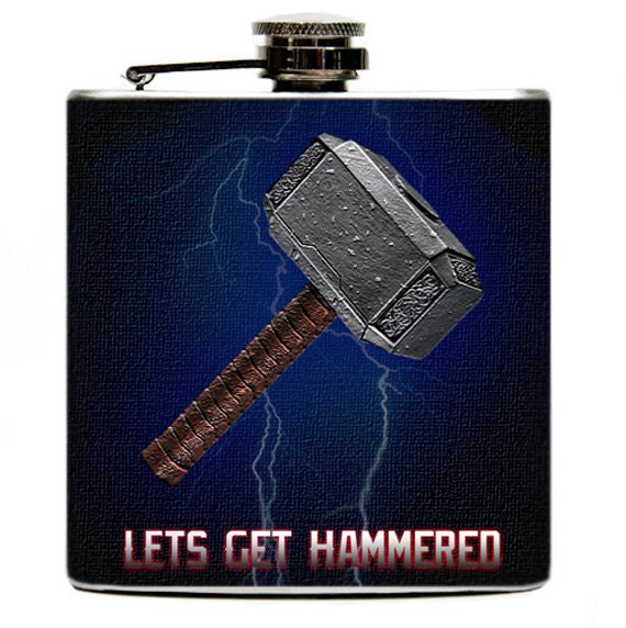 Thor's Hammer Liquid Drinking Flask. Lets Get Hammered Marvel Funny Wedding Birthday Party Gift - Stainless Steel 6 oz