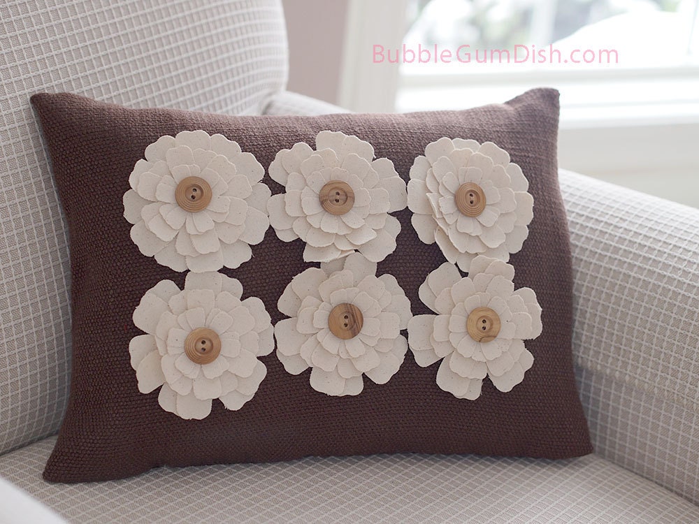 Home Decor Decorative Pillow Cover Fabric Flowers Button Centers Brown Upholstery Natural Canvas