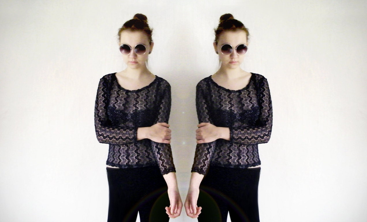 90s Black Mesh Metallic Lace Top - Vintage Sheer Sexy Goth Grunge Pullover Shirt Club Kid Avant Garde Sparkling