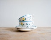 Vintage French Teacups w/ Saucers // 1940 DIGOIN // Set of 2 // coffee cups // blue yellow // spring colours // french country