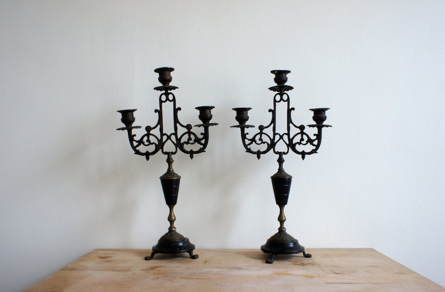 Antique French Candelabra  /Victorian Belle Epoque 1900 / romantic gothic chic / Marble Brass Black /castle / French Country Dark Fairytale