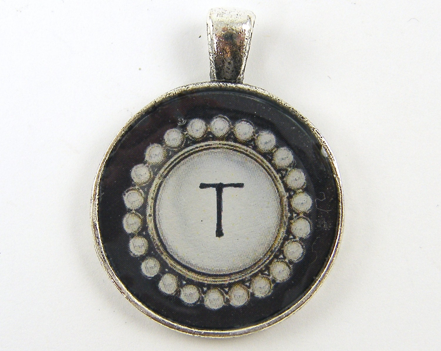 Initial T Pendant - Personalized Black Silver Initial Jewelry Charm