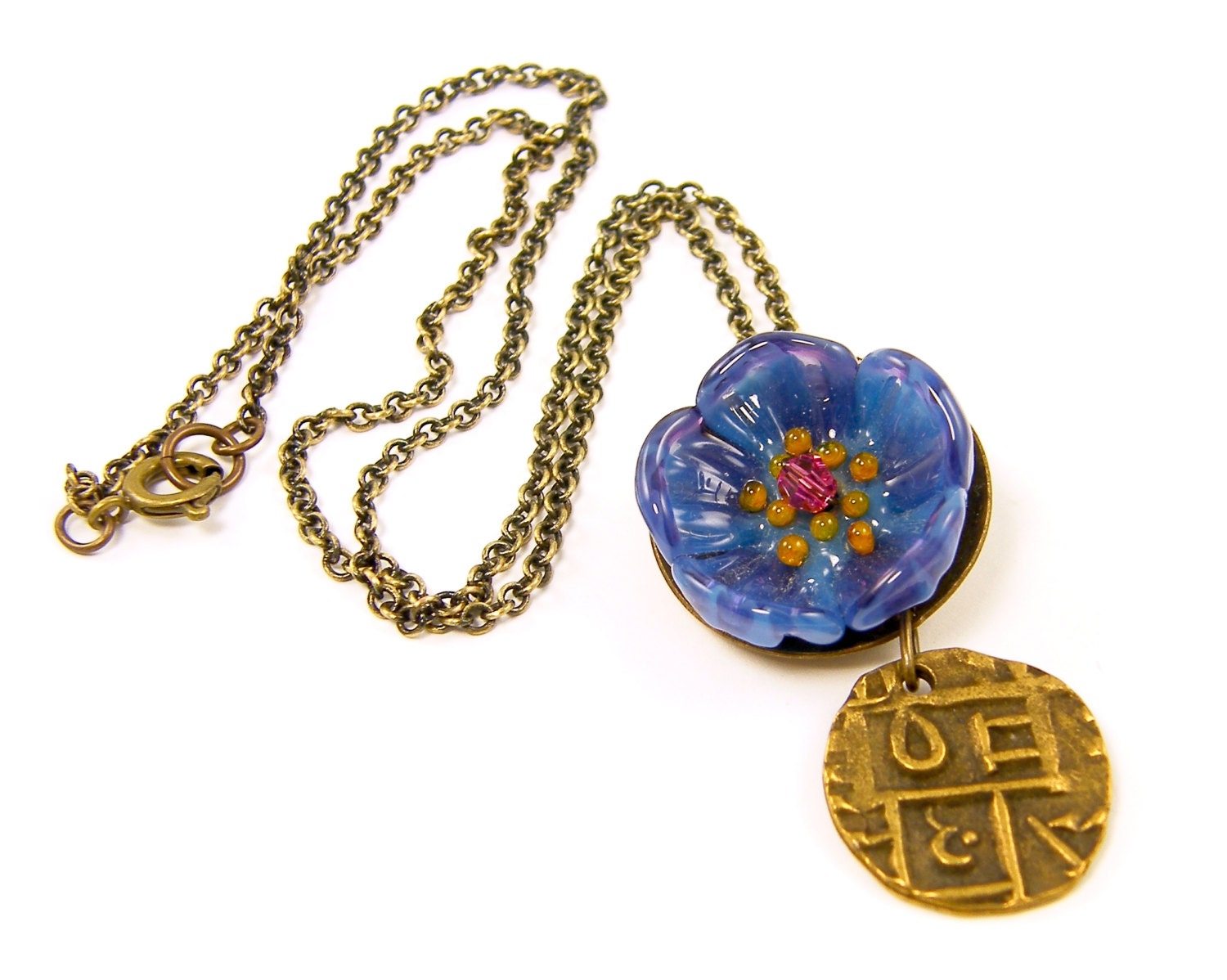 Blue Flower Necklace with Tribal Coin in Blue and Brown