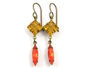 Amber Rhinestone Earrings, Orange Rhinestone Earrings, Orange and Gold Drop Earrings, Rhinestone Dangle Earrings
