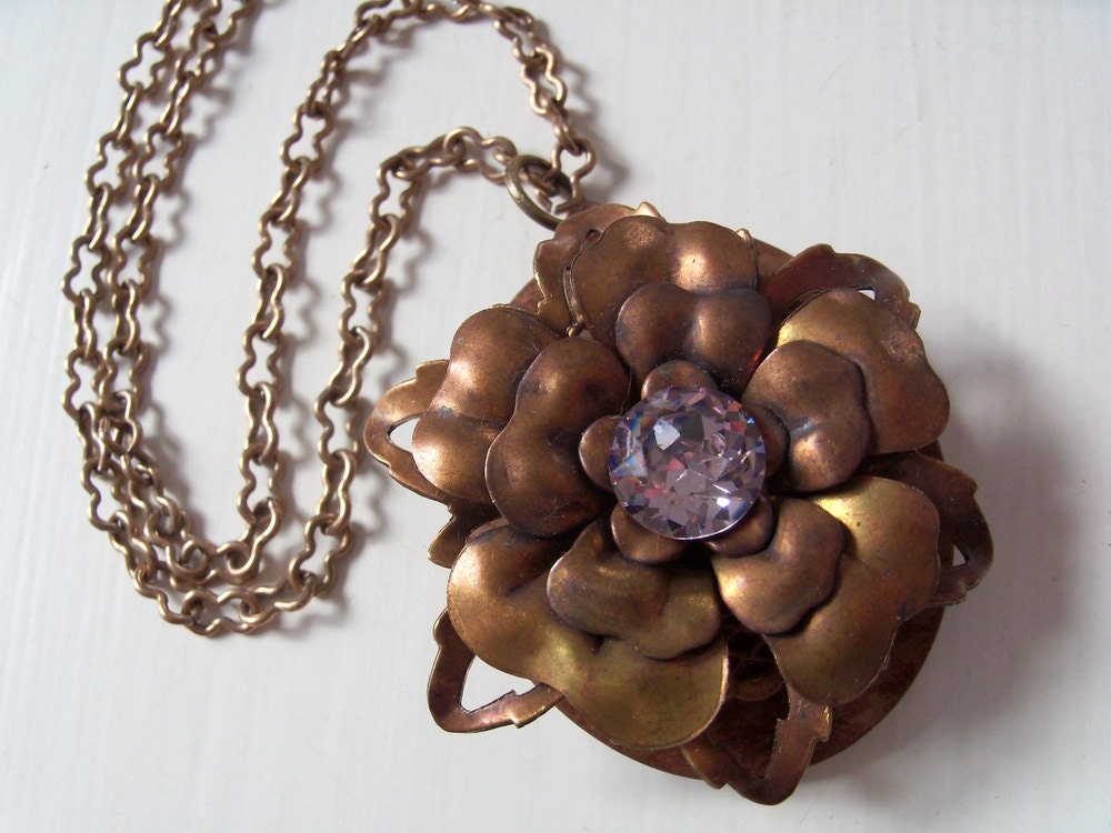Vintage Lavender Swarovski Crystal Flower Locket Necklace