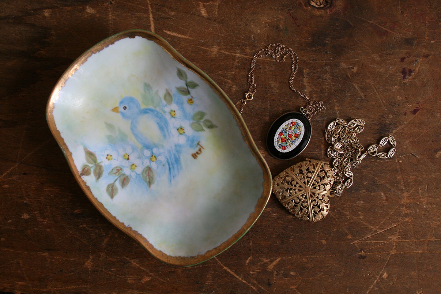 Vintage Hand painted Dish with gold trim and Delightful Blue Bird