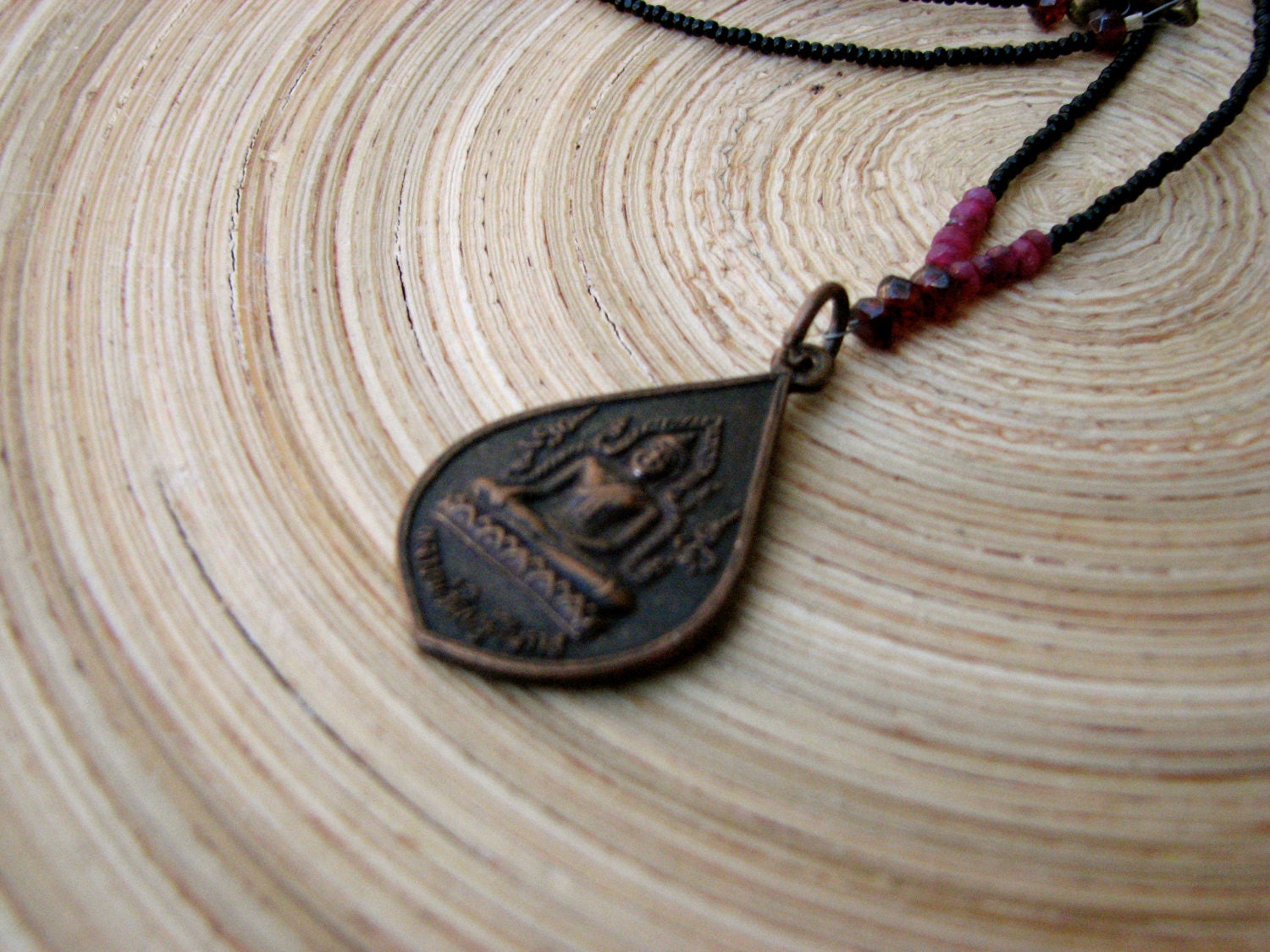 Buddha amulet necklace with natural rubies and garnet  / yoga necklace 19" /  vintage Nang Kwok Thai temple amulet
