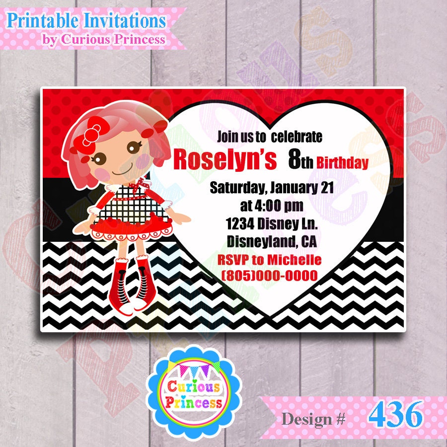 436 Rag lala button doll invitations 4x6 valentines DIGITAL printable file in red, white and black