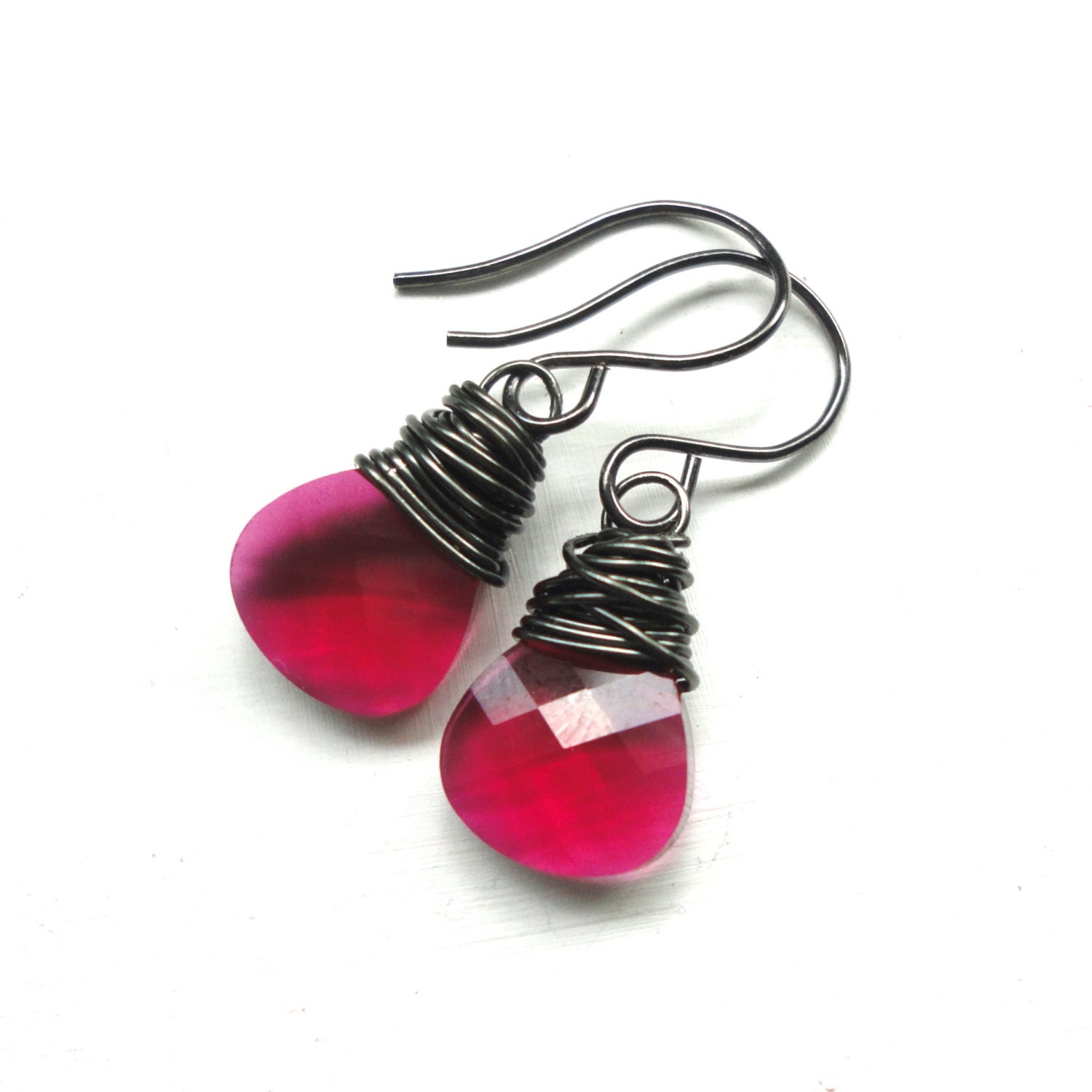 Ruby Teardrop Earrings - Swarovski Wire Wrapped Short Handmade Jewelry Earrings - Bridesmaid Gift Idea