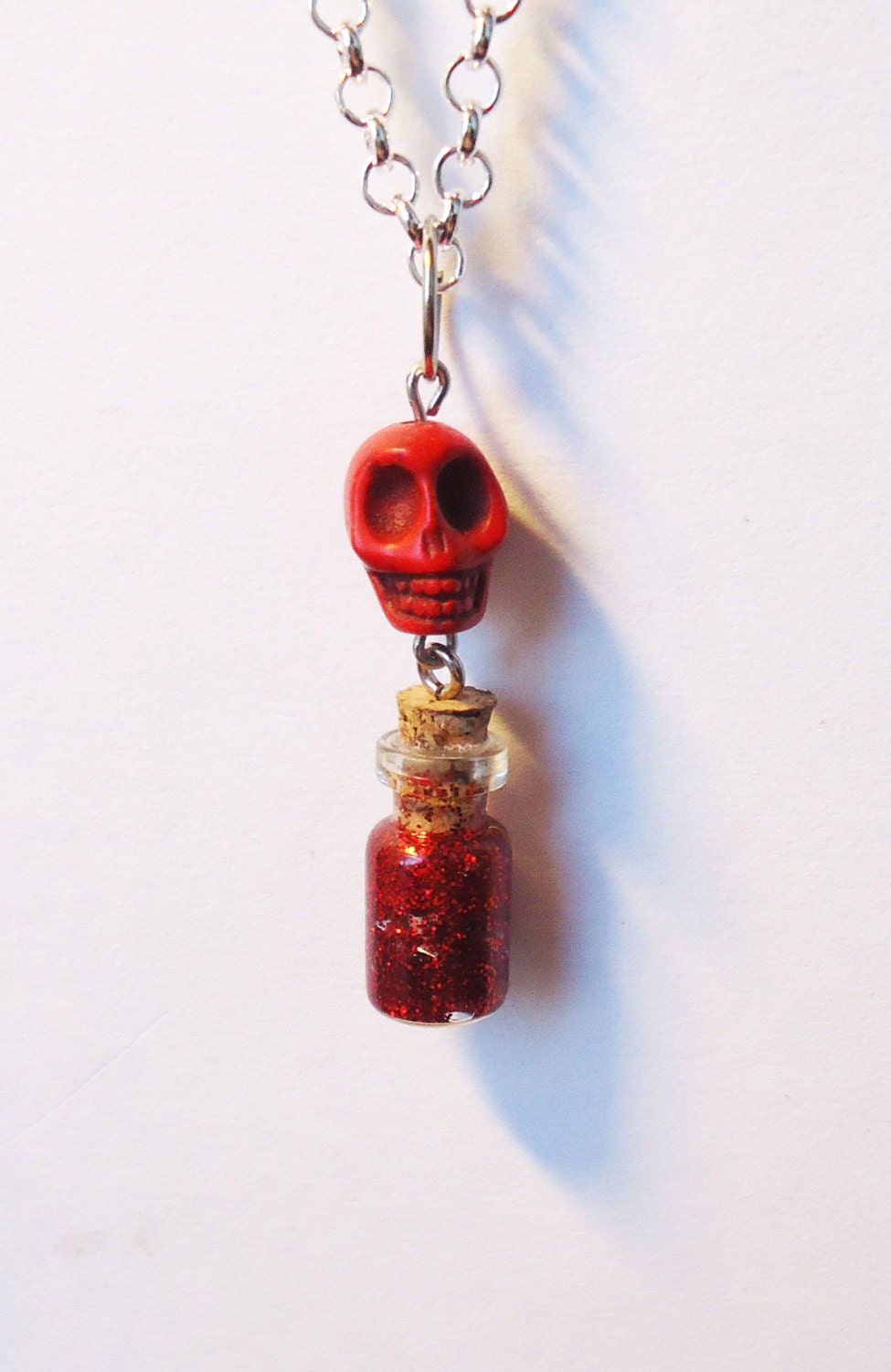 RED SKULL BOTTLE - glass bottle jewelry - glitter