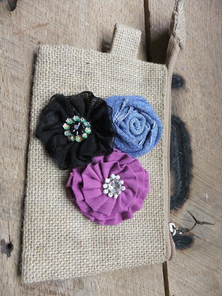 SMALL size Burlap Pouch with Flower embellishments